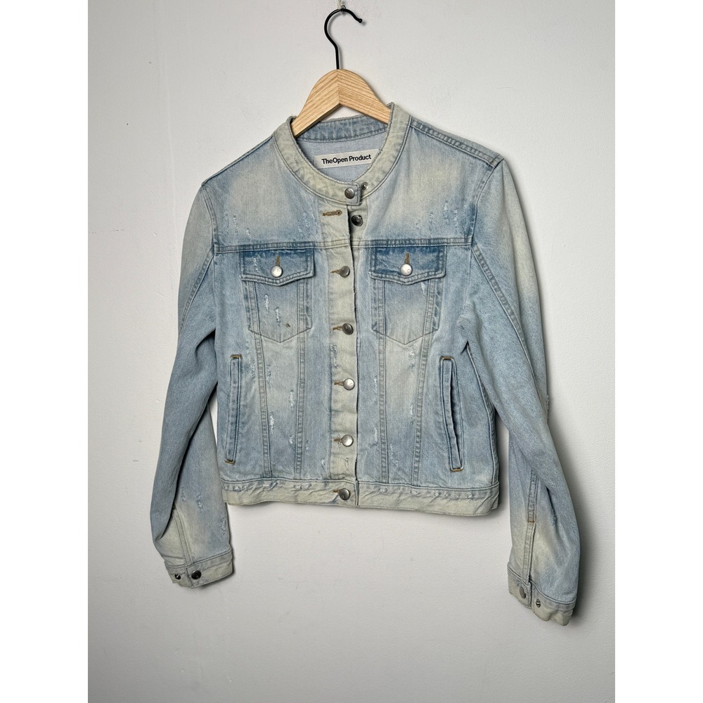 TheOpen Product Light Wash Distressed Denim Jacket Band Collar Size 1